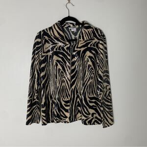 Vintage Misook Black Tan Sequin Zebra Animal Print Zipper Jacket Medium